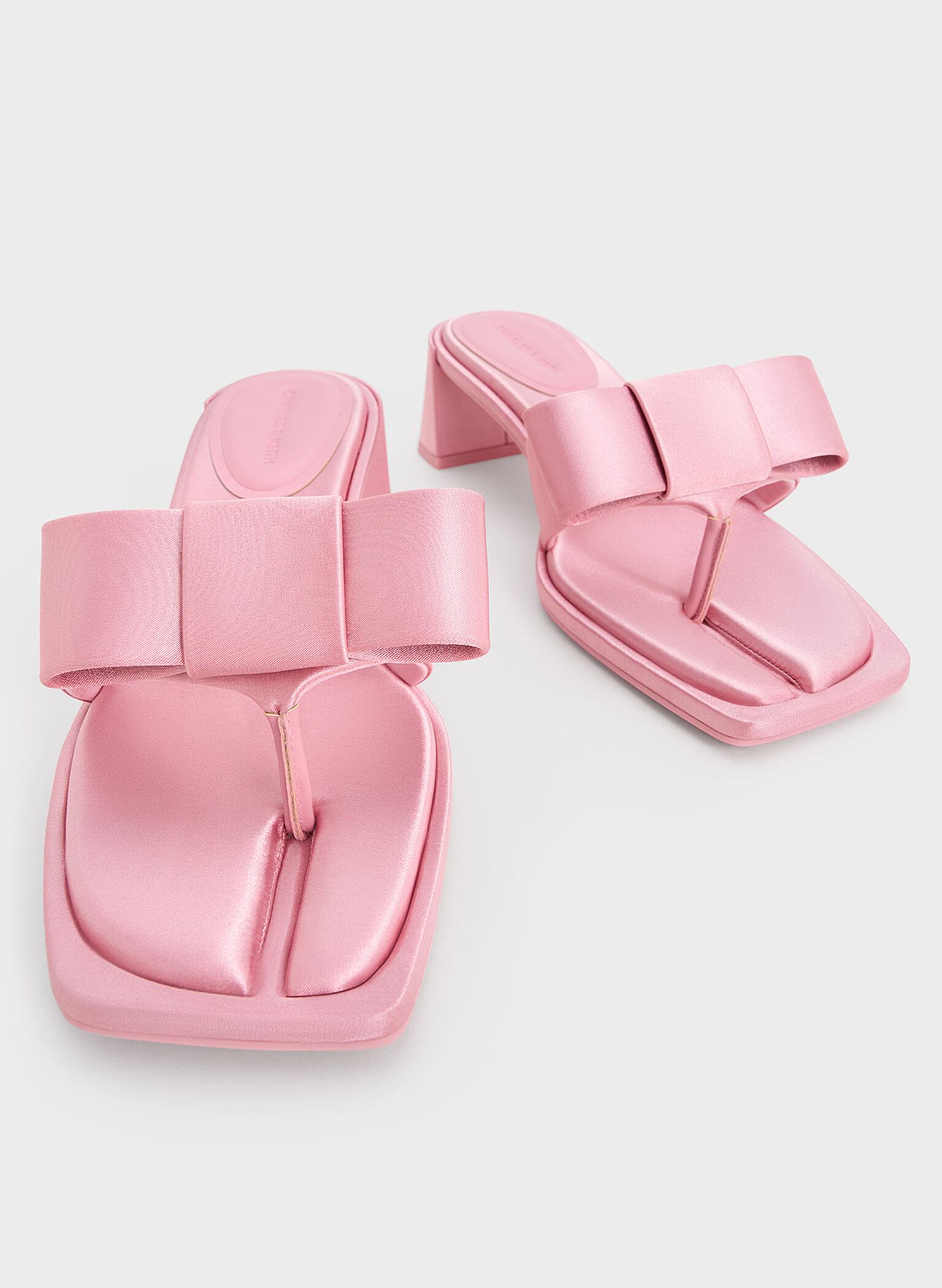 Satin Bow Heeled Thong Sandals, Pink, hi-res