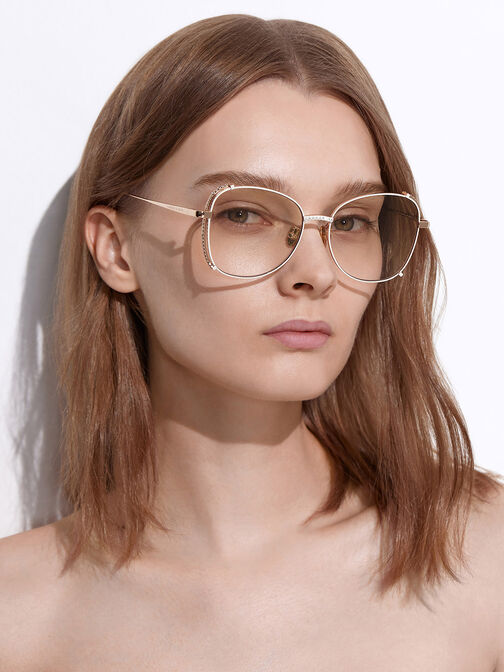 Embellished Half-Frame Butterfly Sunglasses, Cream, hi-res