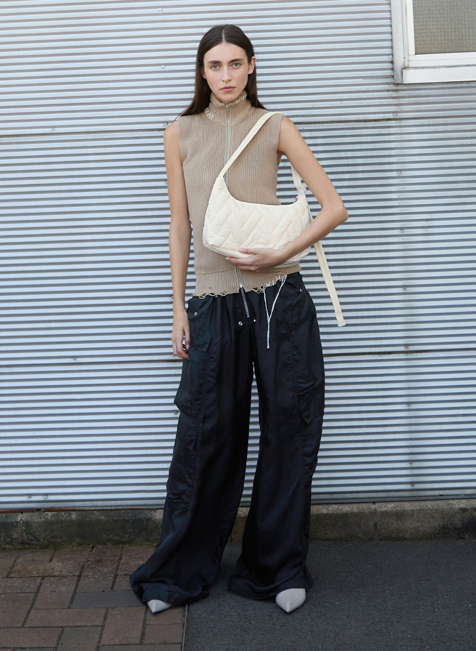 Nylon Chevron Shoulder Bag, Cream, hi-res