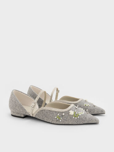 Twill Bead-Flower Pointed-Toe D'Orsay Mary Jane Flats, Grey, hi-res
