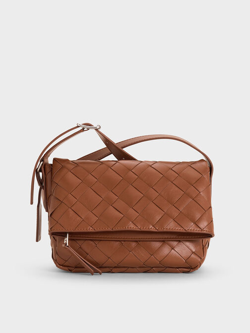 Ivette Woven Front Flap Crossbody Bag, Chocolate, hi-res