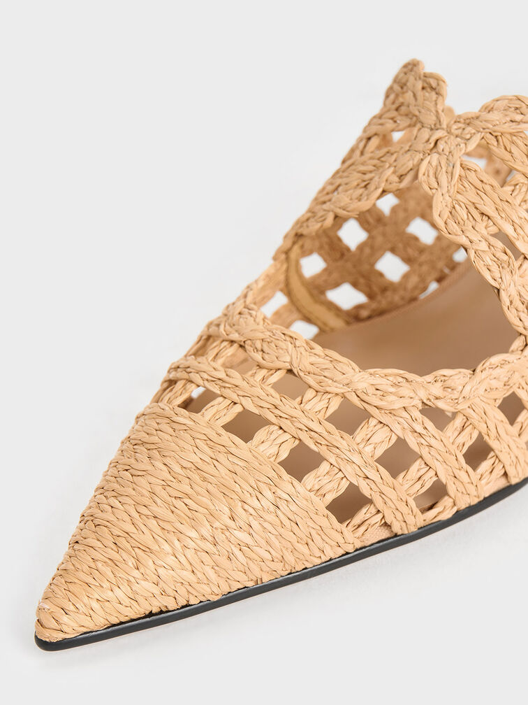 Raffia Kitten-Heel Pointed-Toe Mules, Sand, hi-res