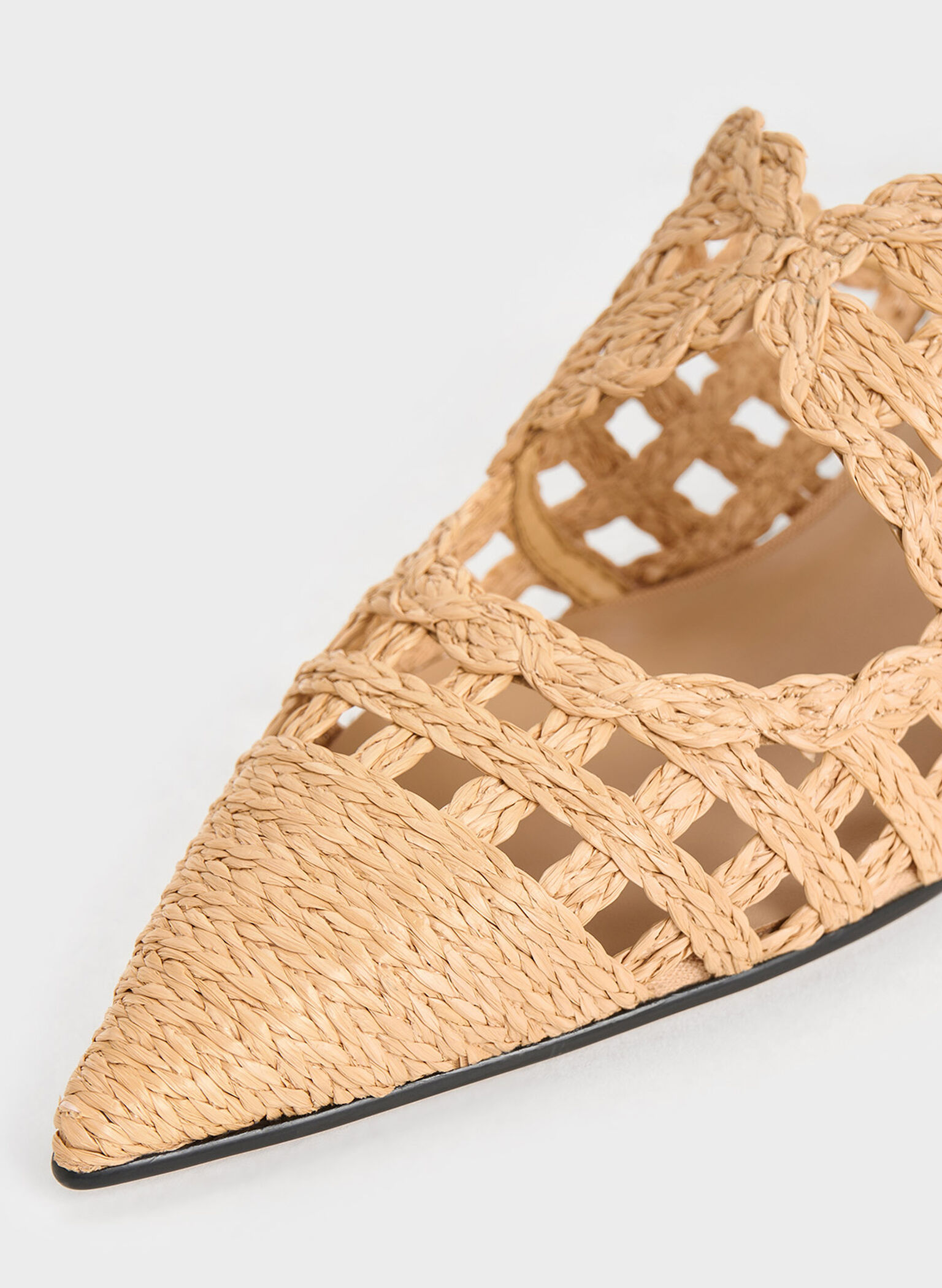 Raffia Kitten-Heel Pointed-Toe Mules, Sand, hi-res