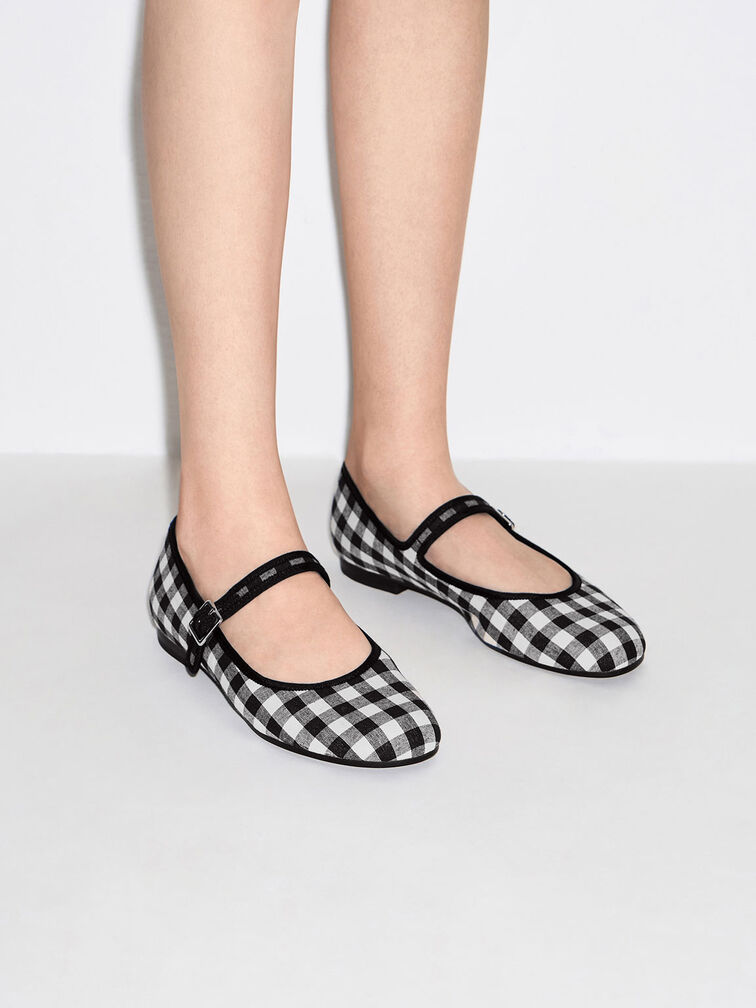 Checkered Buckled Mary Jane Flats, Black Textured, hi-res