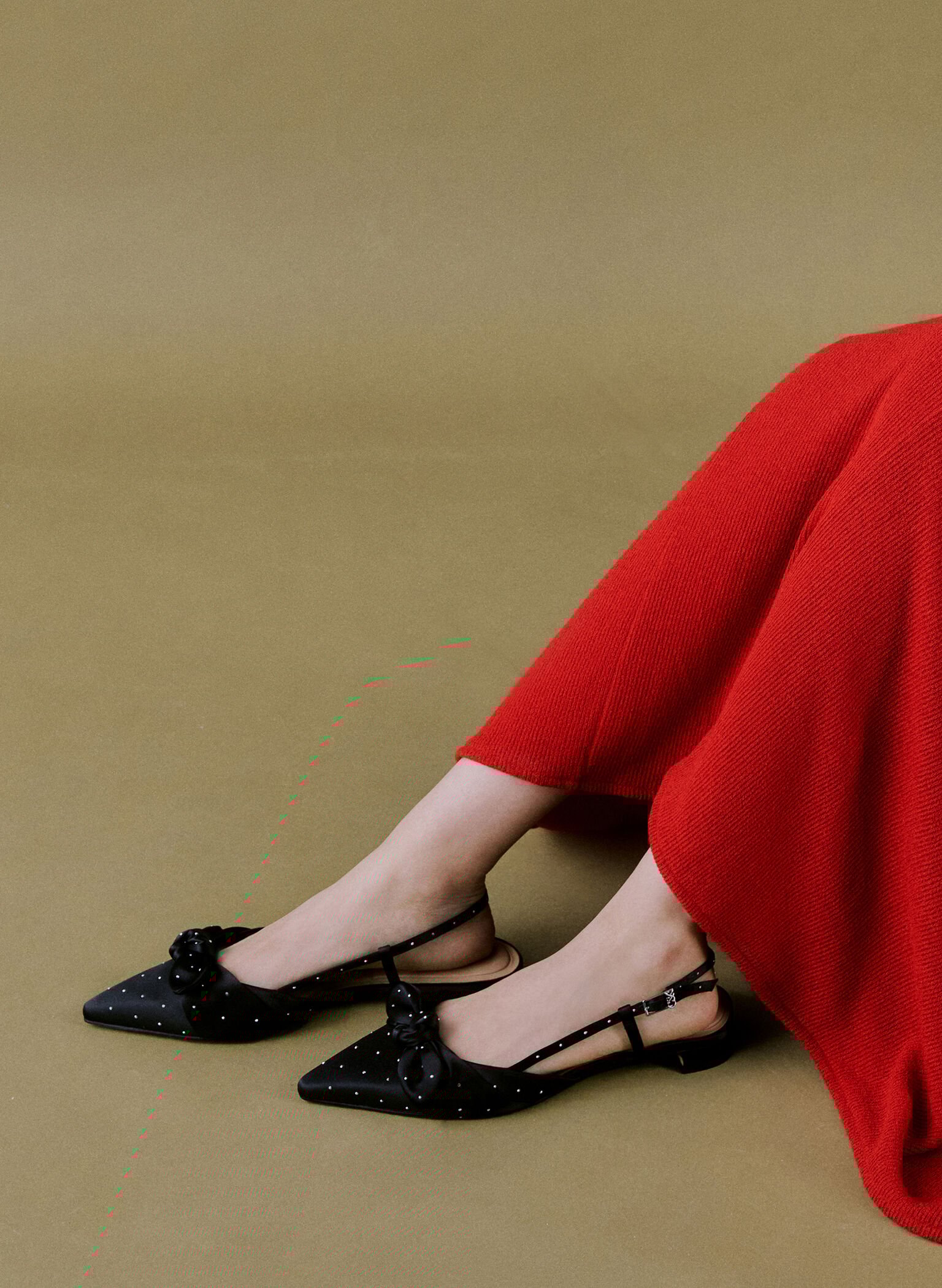 Jayce Dotted Knot-Bow Slingback Flats, Black Textured, hi-res