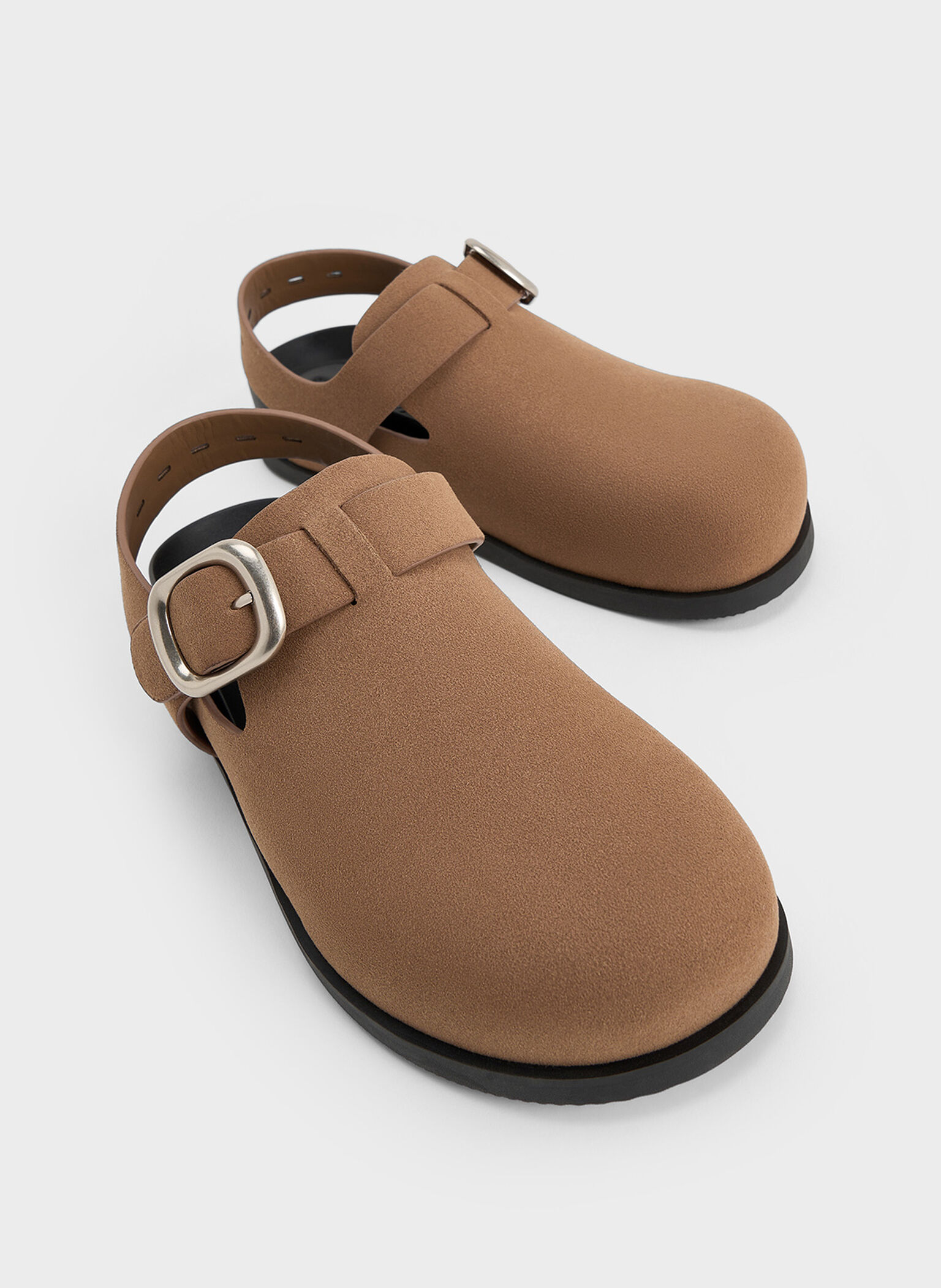 Suede Buckled Slingback Mules, Brown, hi-res