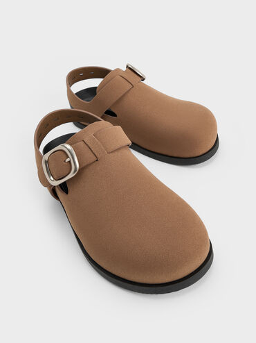Suede Buckled Slingback Mules, Brown, hi-res