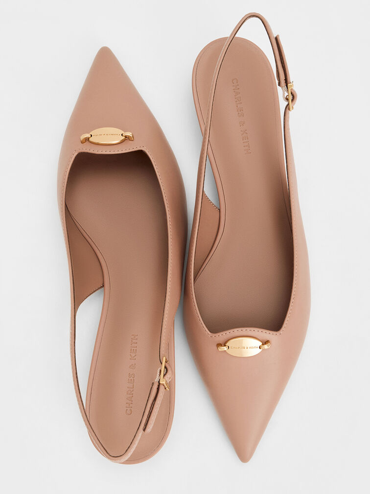 Metallic-Accent Kitten-Heel Slingback Pumps, Nude, hi-res