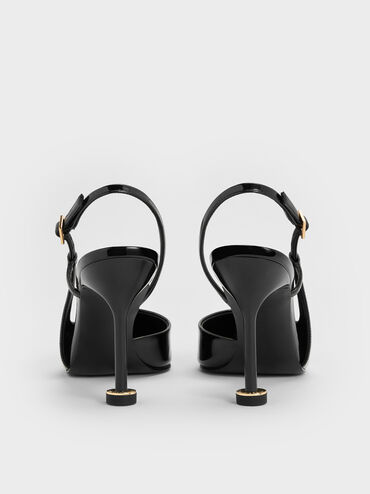 Patent Pointed-Toe Sculptural-Heel Slingback Pumps, Black Patent, hi-res