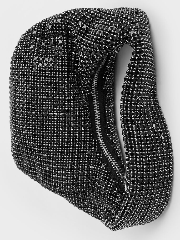 Crystal-Embellished Hobo Bag, Noir, hi-res