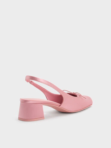 Satin Bow Square-Toe Slingback Pumps, Pink, hi-res