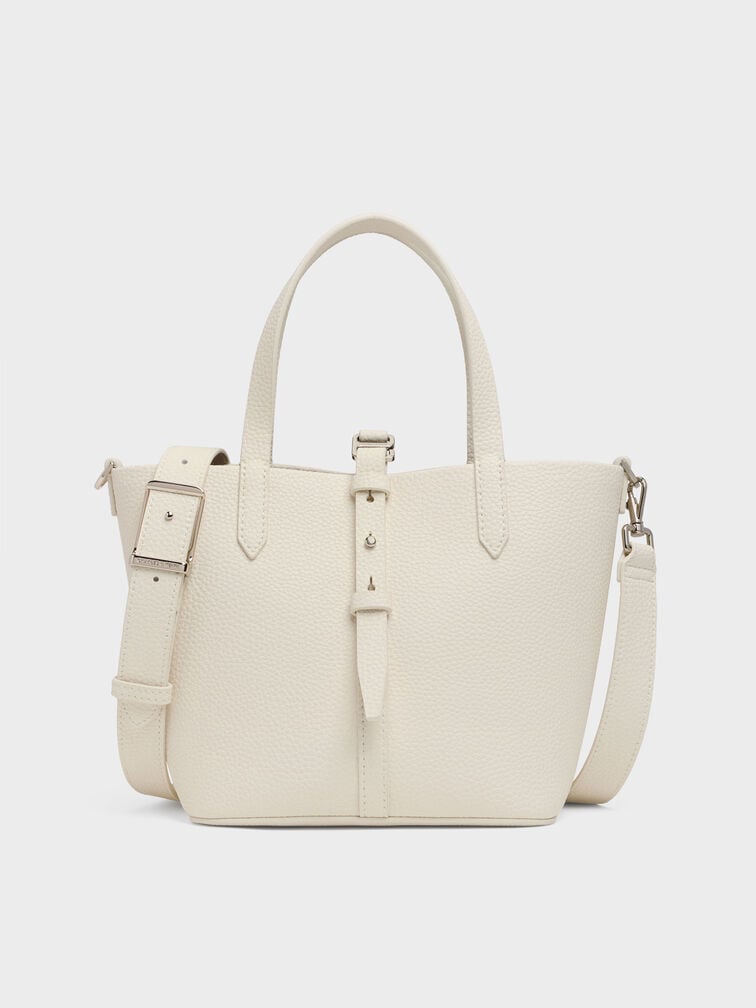 Beryl Recycled Leather Double-Handle Belted Bucket Bag, Cream, hi-res