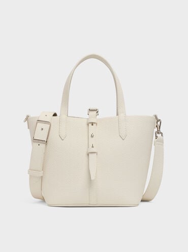 Beryl Recycled Leather Double-Handle Belted Bucket Bag, Cream, hi-res
