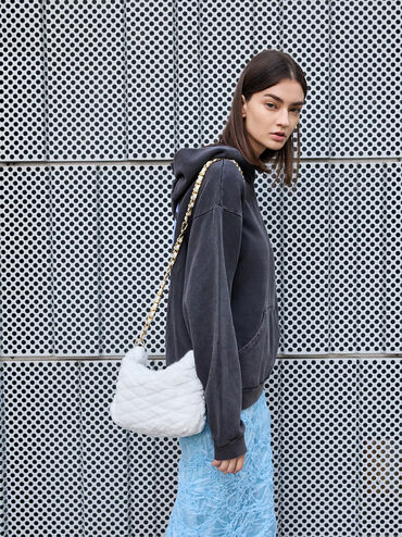 Duo Furry Quilted Crescent Bag, White, hi-res