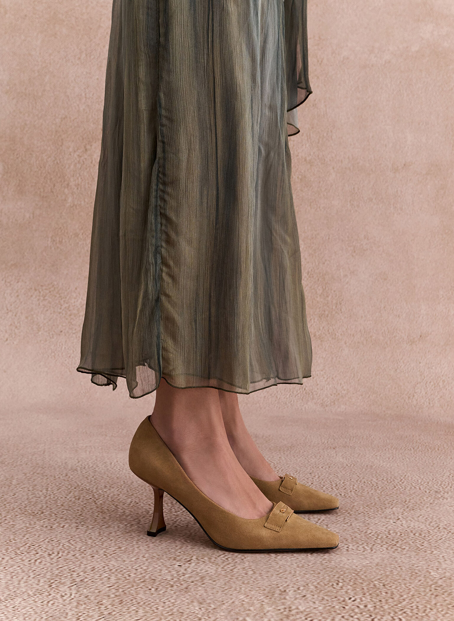 Suede Sculptural-Heel Square-Toe Pumps, Caramel, hi-res
