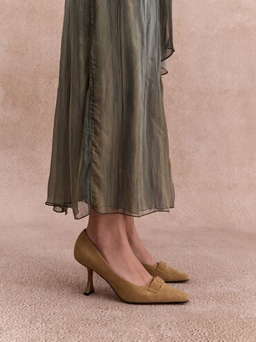 Suede Sculptural-Heel Square-Toe Pumps, Caramel, hi-res
