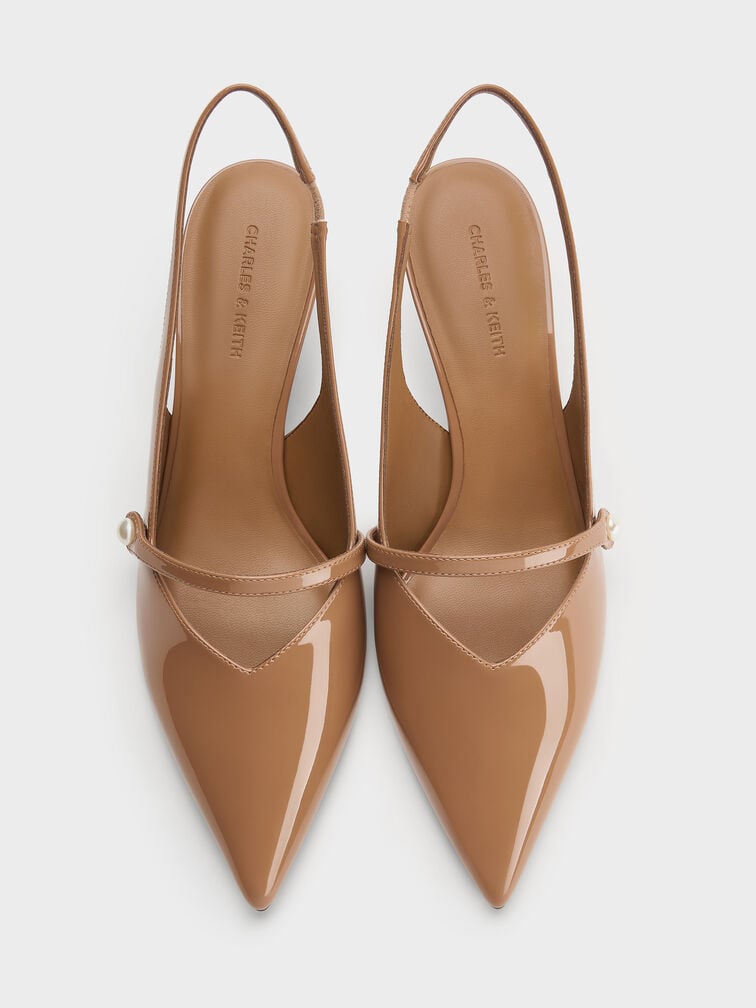 Helena Patent Pearl-Buckle Slingback Kitten Heels, Caramel, hi-res