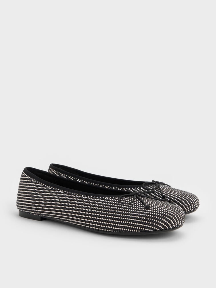 Satin Crystal-Embellished Bow Ballet Flats, Black Textured, hi-res