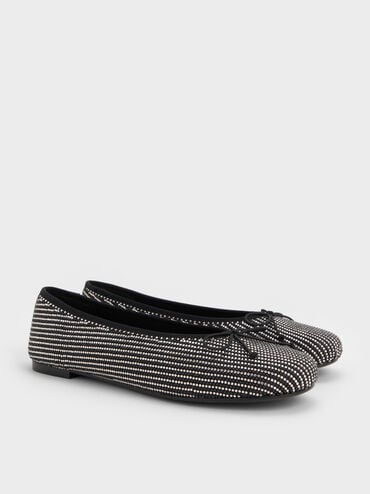 Satin Crystal-Embellished Bow Ballet Flats, Black Textured, hi-res