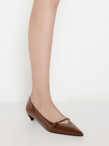Buckled Pointed-Toe Kitten-Heel Pumps, Brown, hi-res