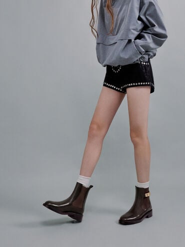 Lando Faux Suede Metallic-Buckle Chelsea Boots, Dark Brown, hi-res