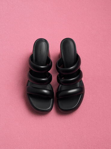 Tattie Puffy-Strap Platform Mules, Black, hi-res