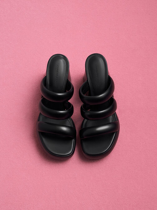 Tattie Puffy-Strap Platform Mules, Black, hi-res