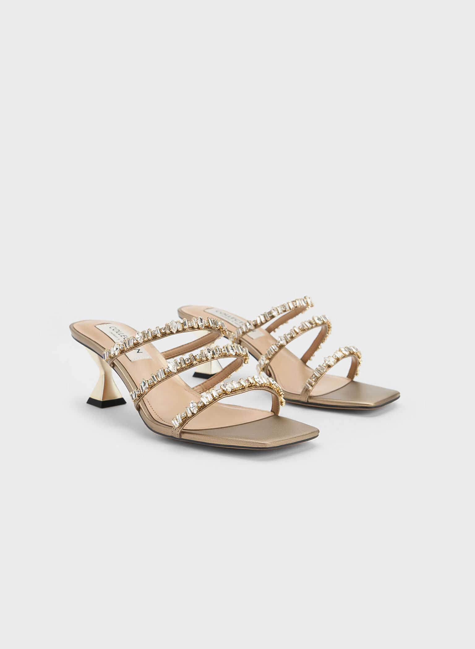 Gem-Encrusted Metallic Strappy Sandals, Gold, hi-res