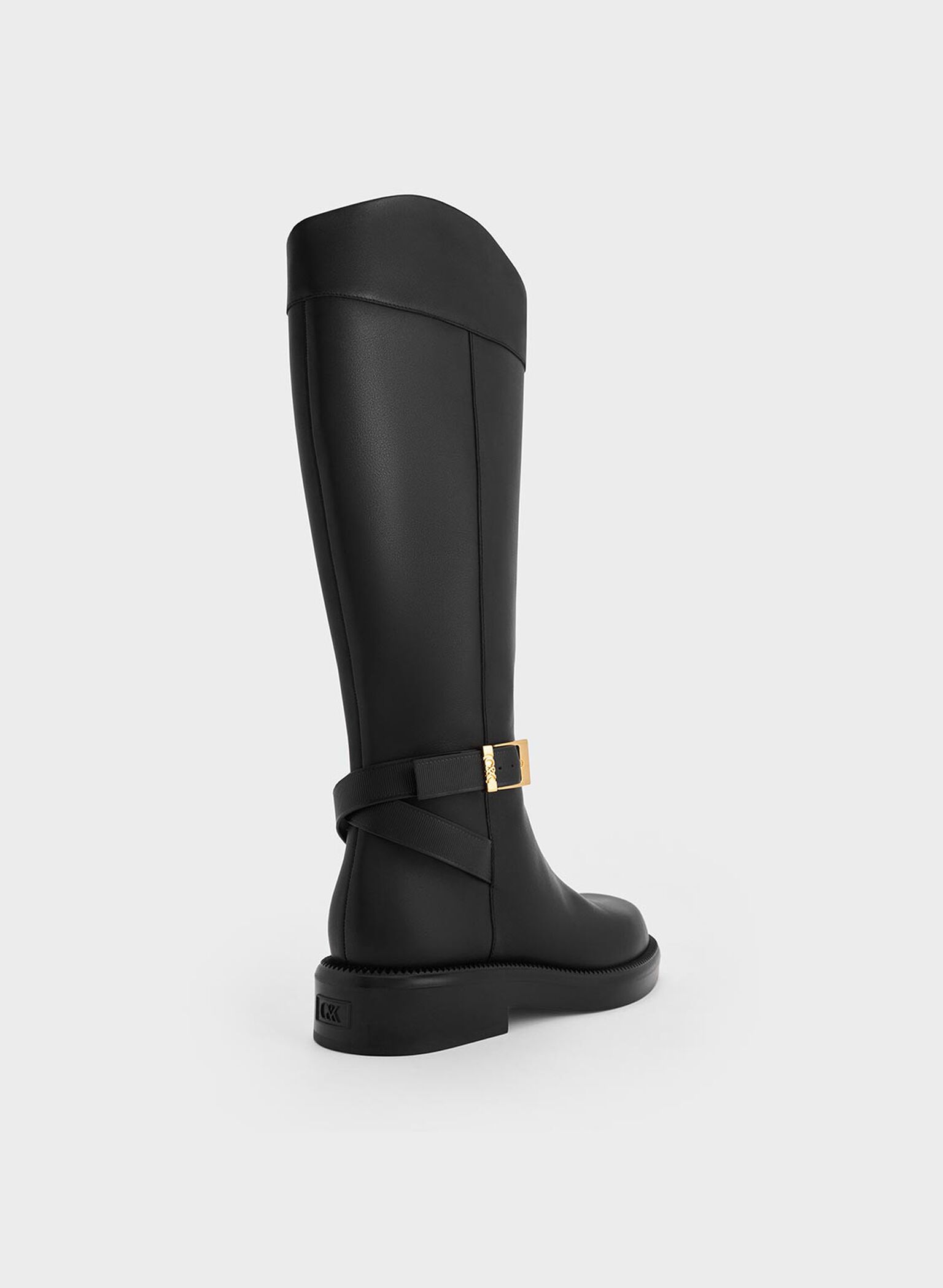 Leather Buckled-Strap Knee-High Boots, Black, hi-res