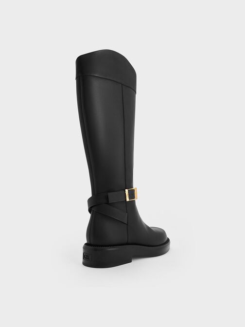 Leather Buckled-Strap Knee-High Boots, Black, hi-res