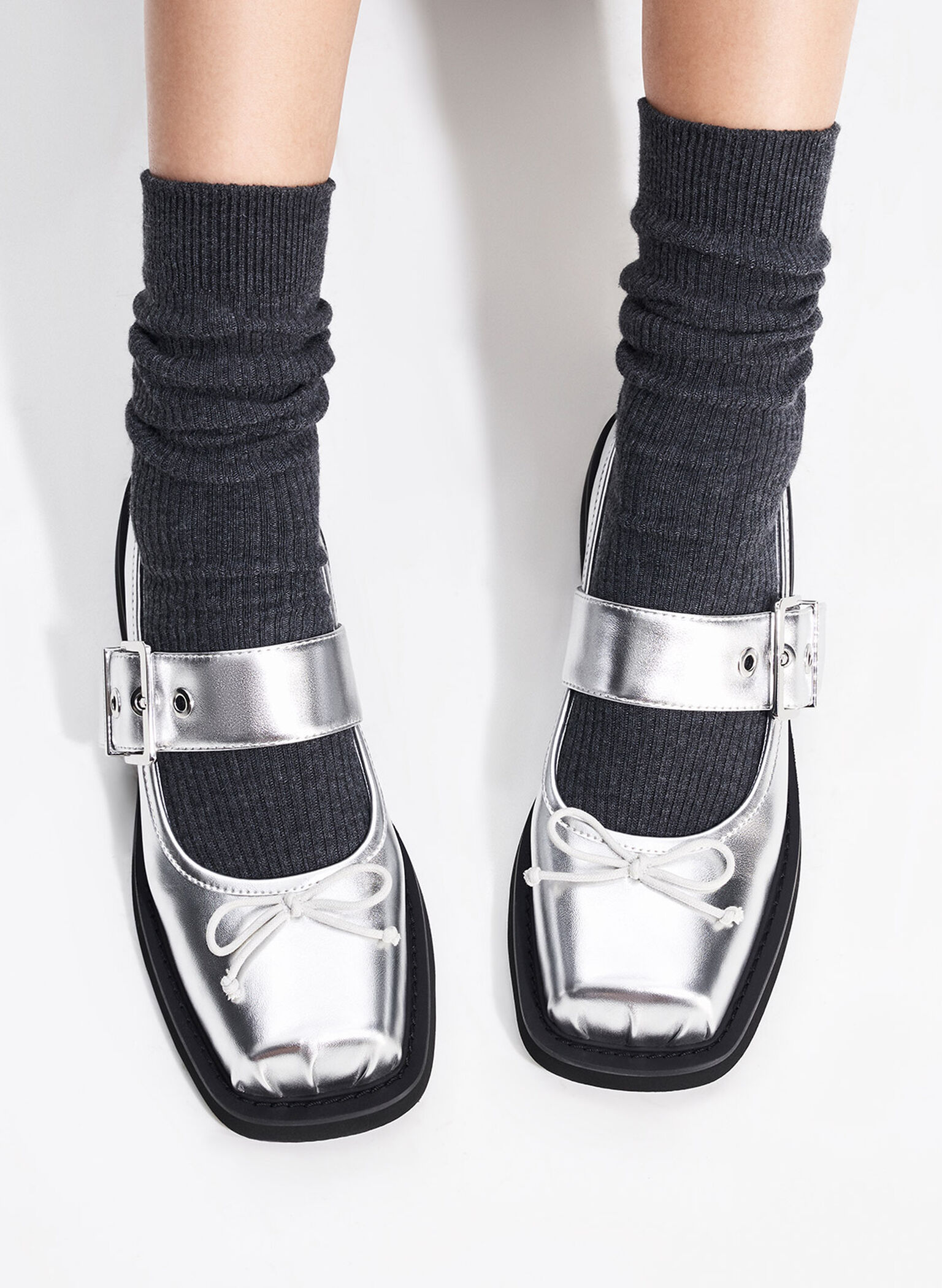 Metallic Bow Buckled Mary Janes, Silver, hi-res