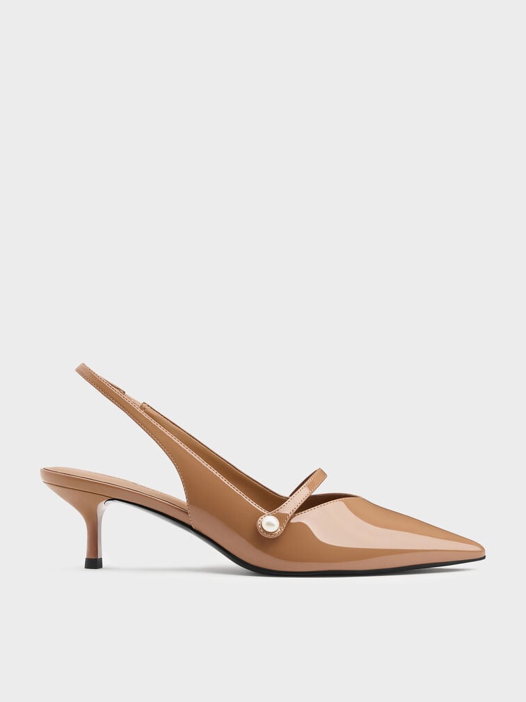 Helena Patent Pearl-Buckle Slingback Kitten Heels, Caramel, hi-res