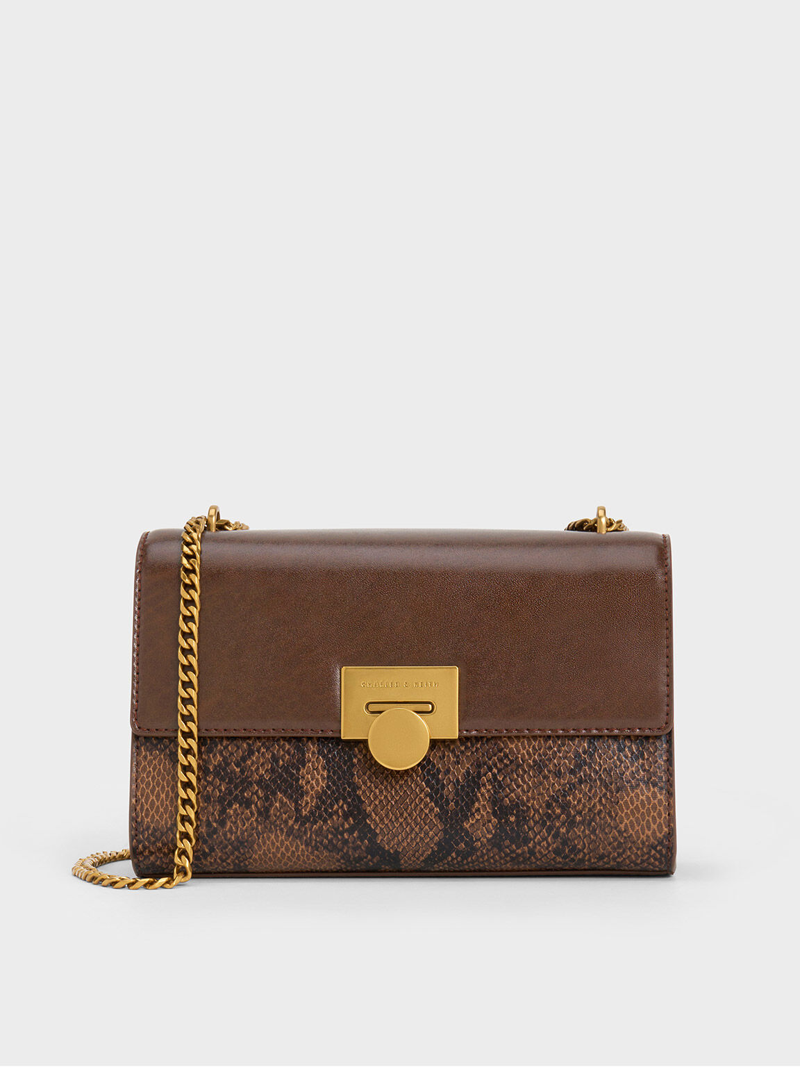 Snake Print Chain Strap Bag Brown