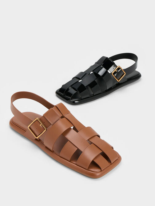 Metallic Buckle Caged Slingback Sandals, Cognac, hi-res