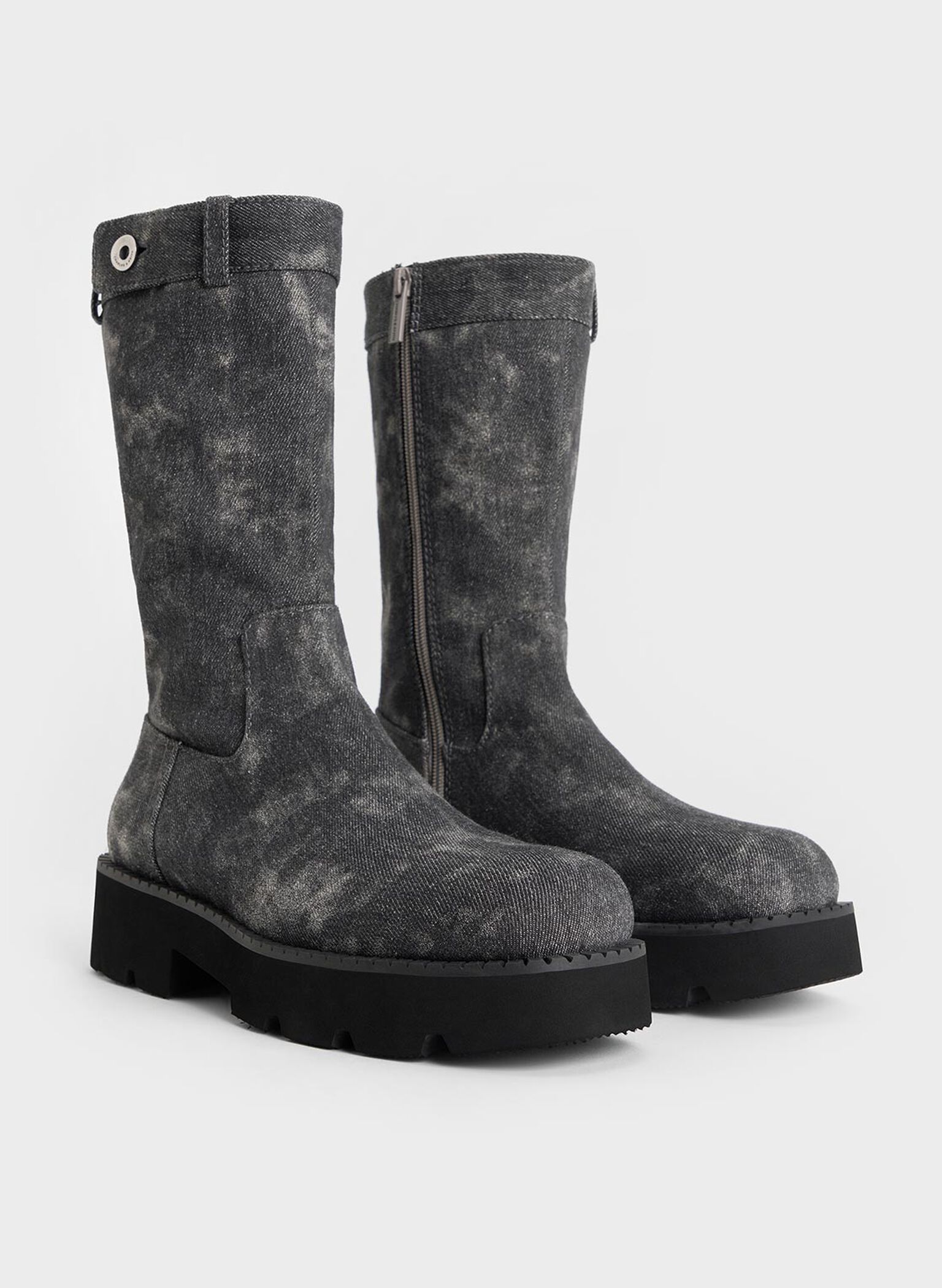 Denim Side-Zip Lug-Sole Calf Boots, Dark Grey, hi-res