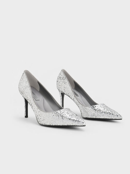 Emmy Glittered Pointed-Toe Pumps, Silver, hi-res