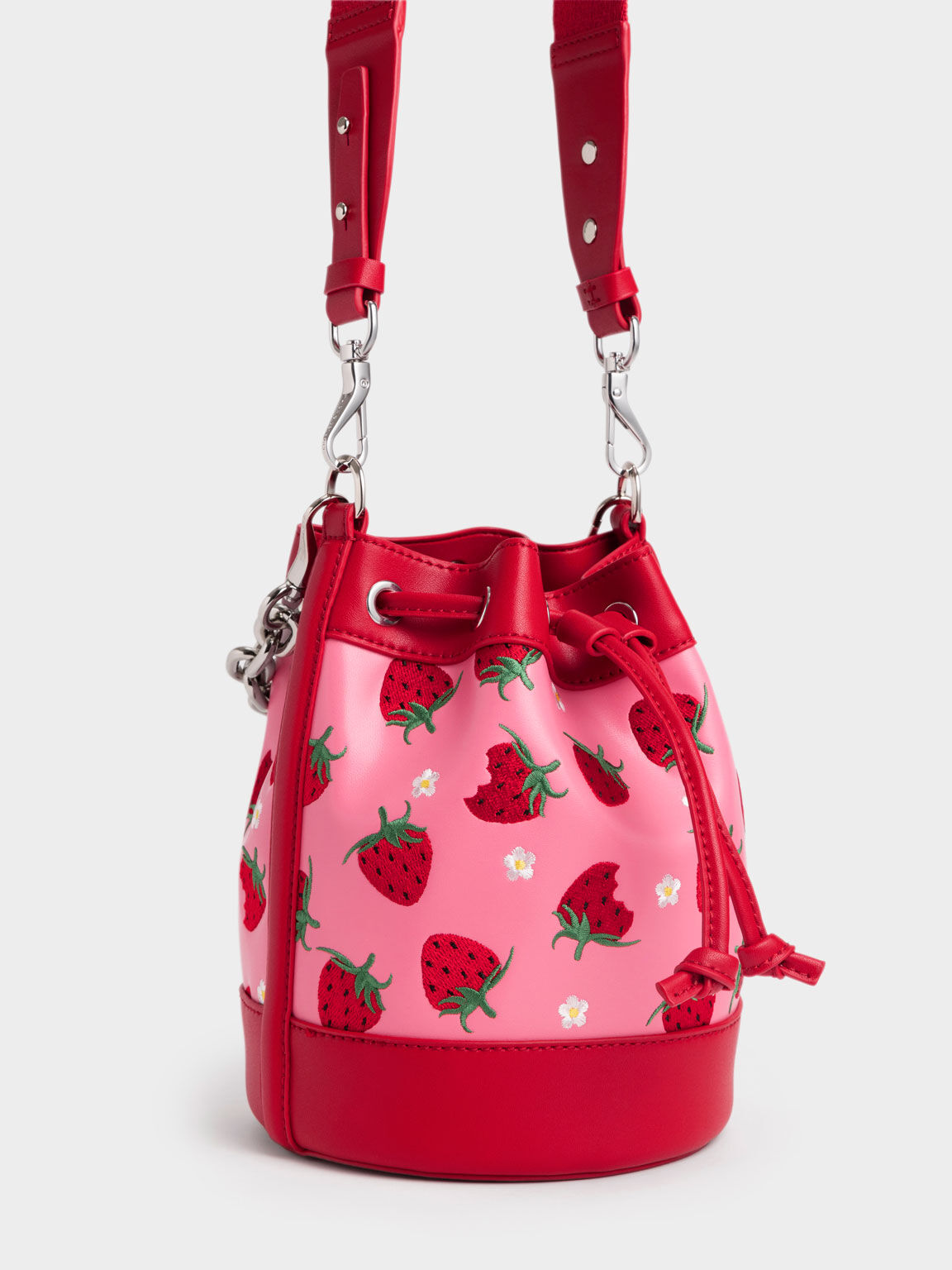 Zetta Strawberry-Print Drawstring Bucket Bag, Pink, hi-res