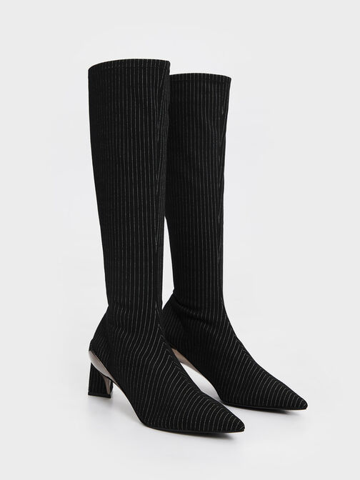Devon Striped Metallic Blade-Heel Knee-High Boots, Dark Grey, hi-res