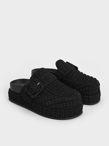 Loren Textured Flatform Mules, Black Textured, hi-res