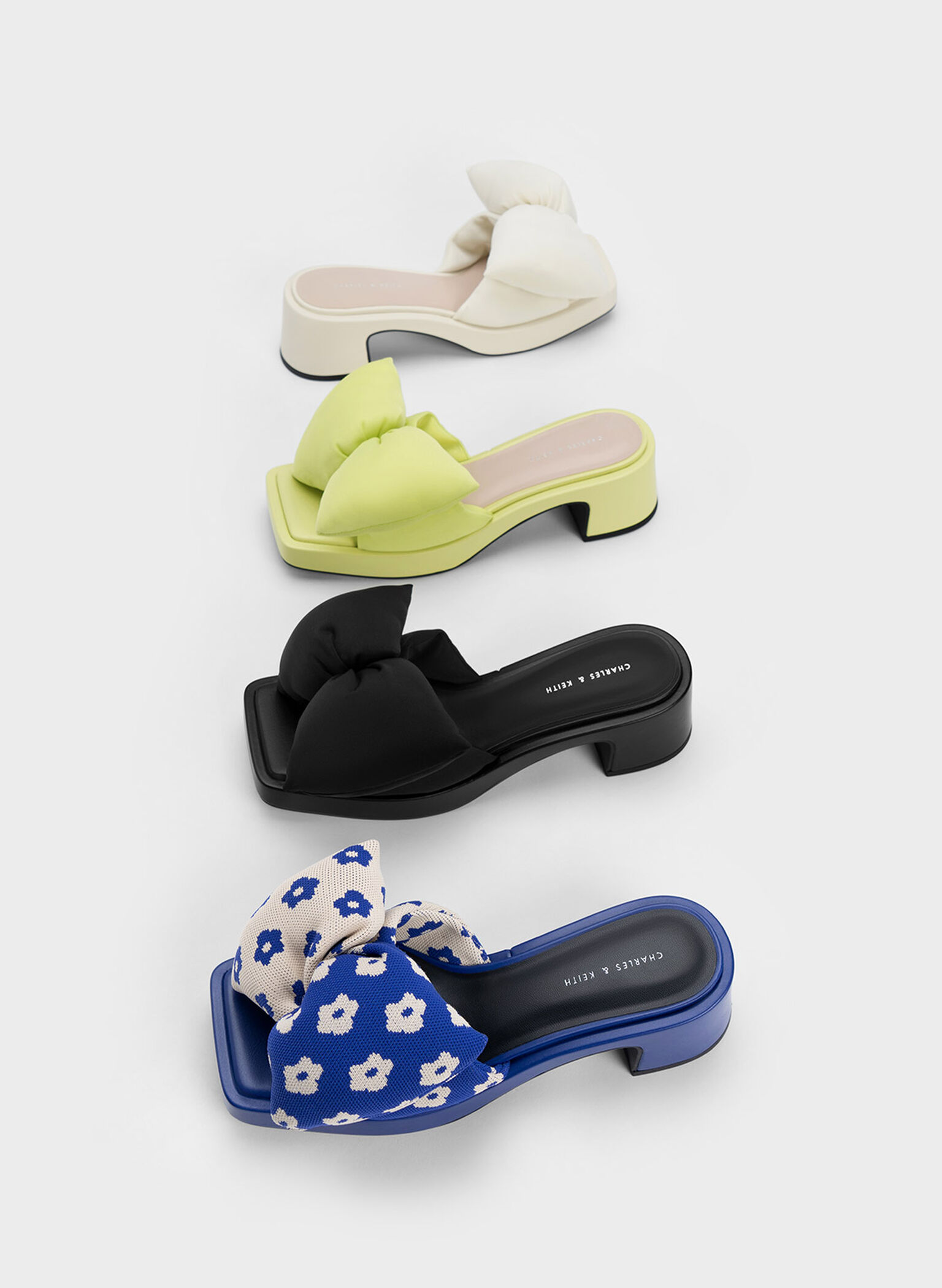 Puffy Bow Heeled Mules, Cream, hi-res