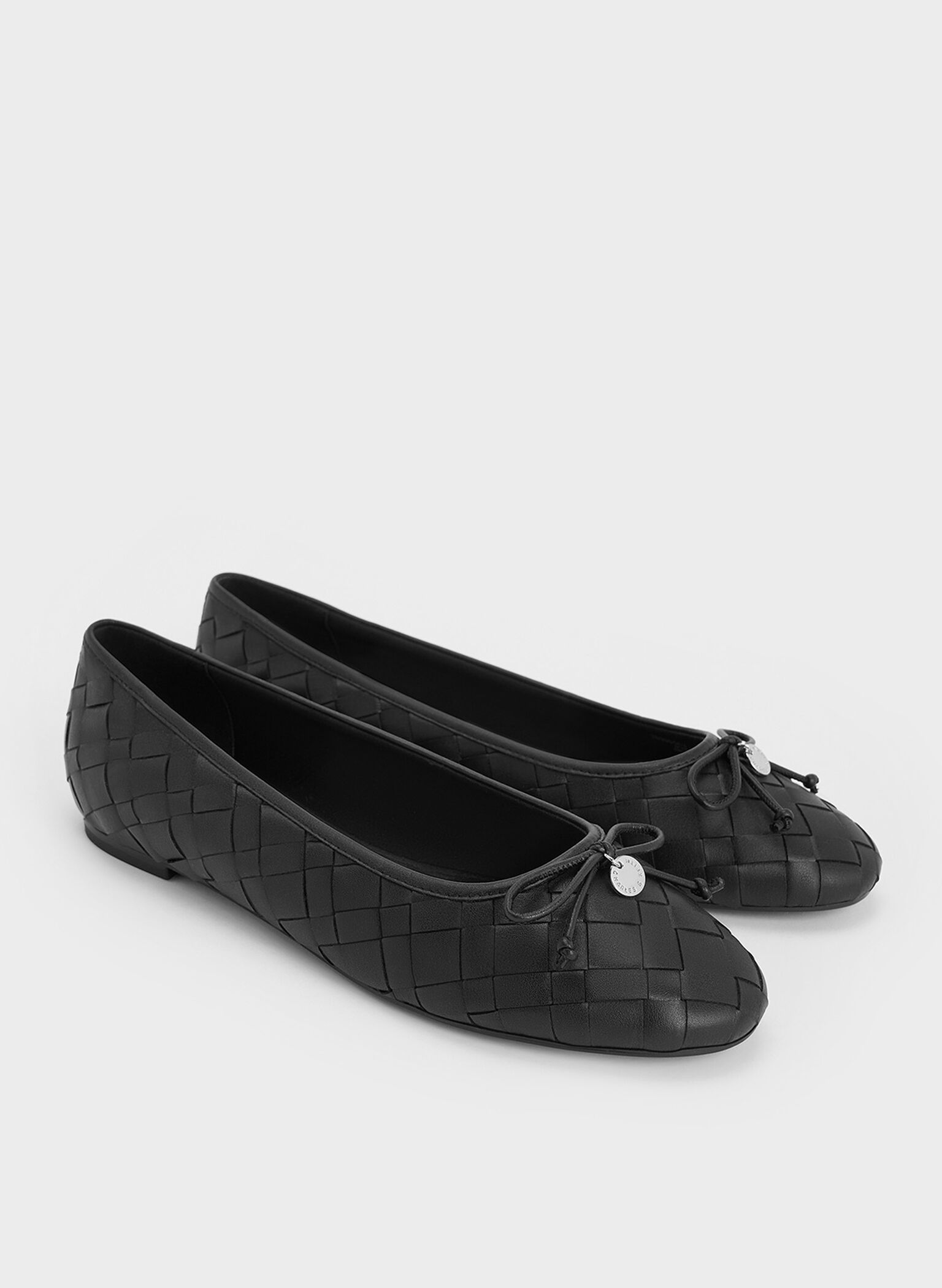 Woven Bow Ballet Flats, Black, hi-res