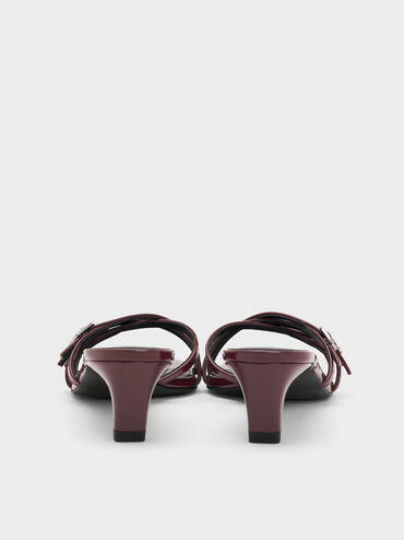 Patent Buckled Strappy Kitten-Heel Mules, Burgundy, hi-res