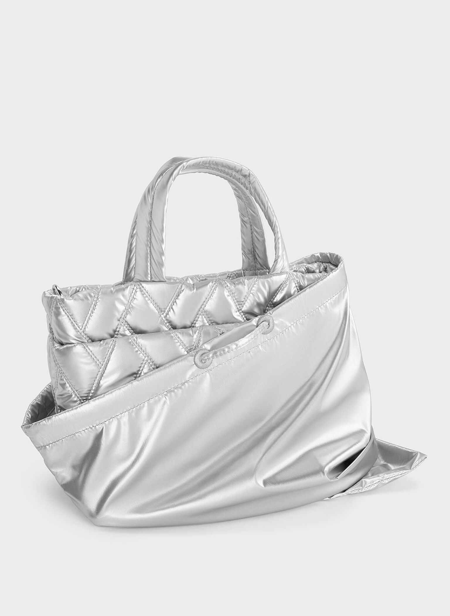 Nylon Chevron Boxy Tote Bag, Silver, hi-res