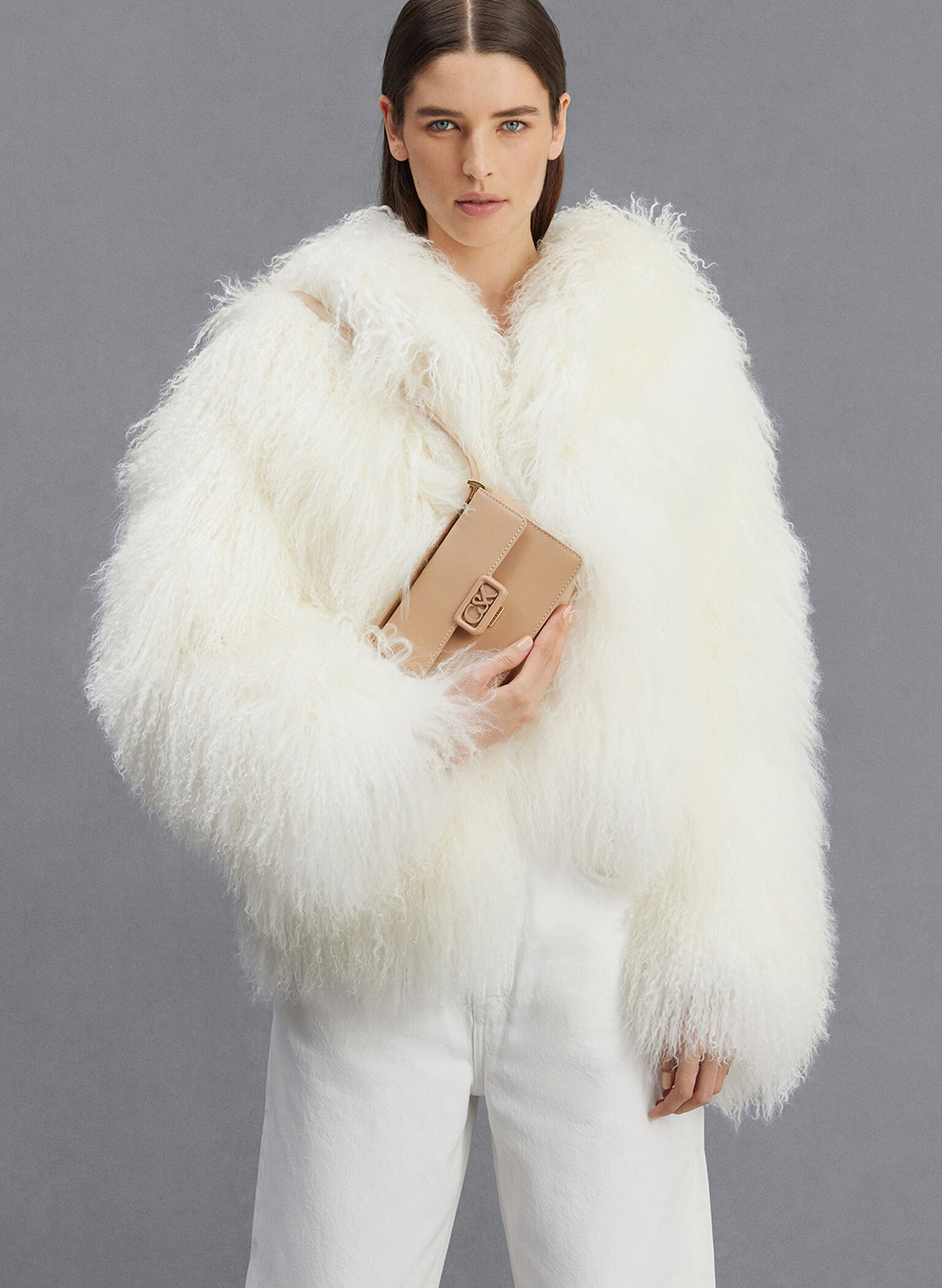 Leather Boxy Bag, Nude, hi-res