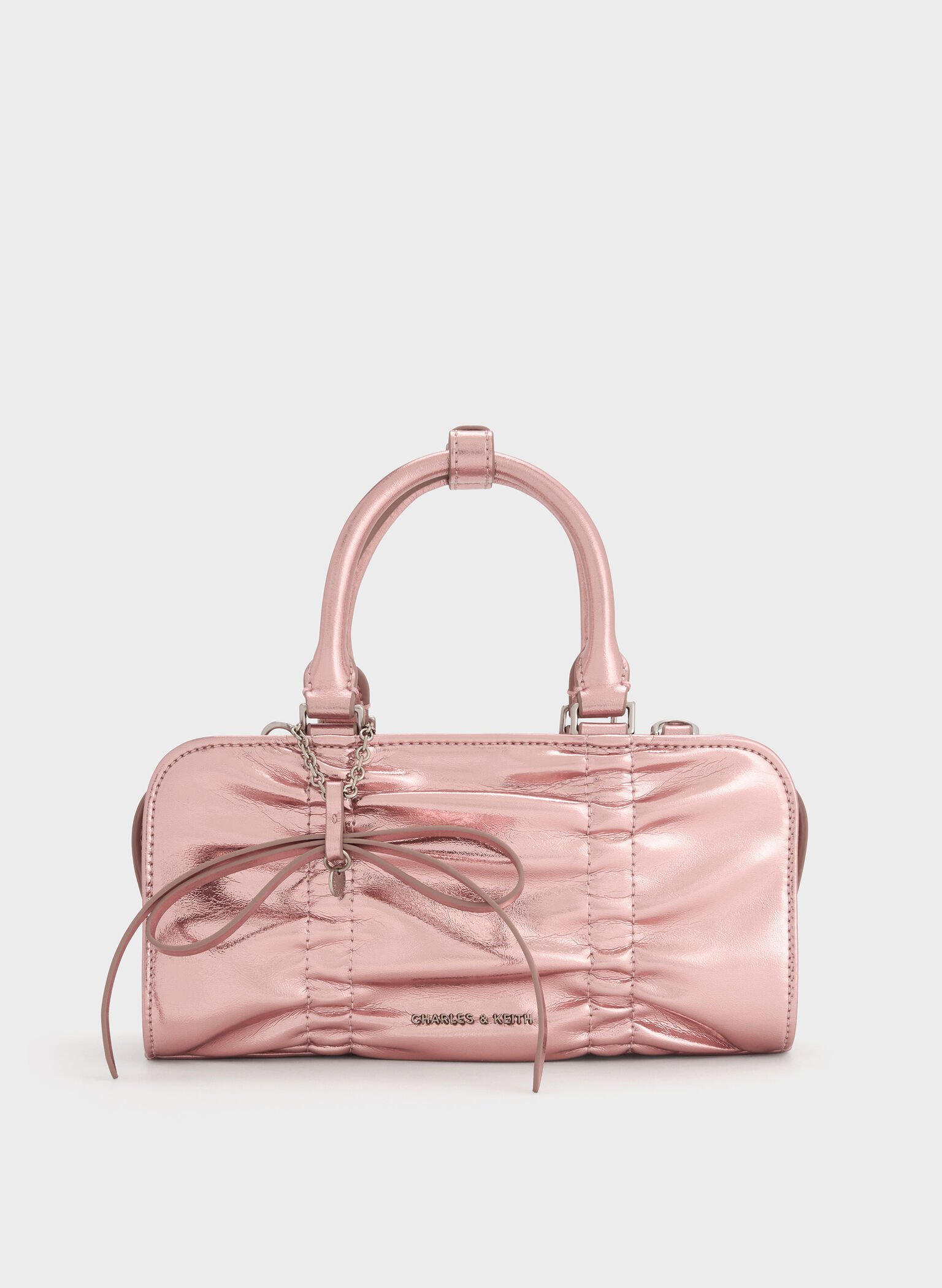 Kadee Metallic Ruched Bow-Charm Bowling Bag, Aura Pink, hi-res