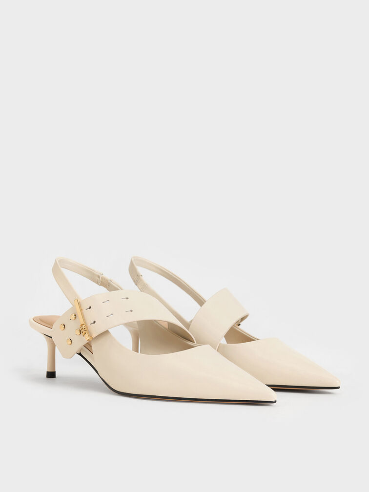 Leather Asymmetric-Strap Slingback Mary Jane Pumps, White, hi-res