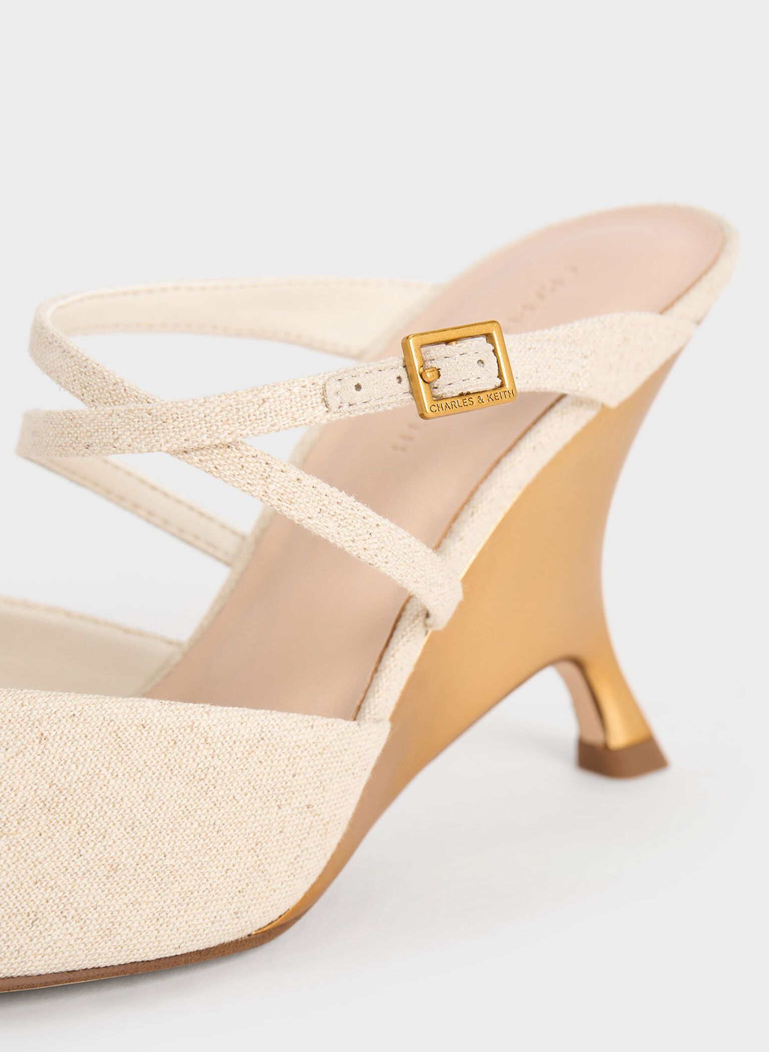 Linen Crossover-Strap Sculptural-Heel Wedges, Beige, hi-res