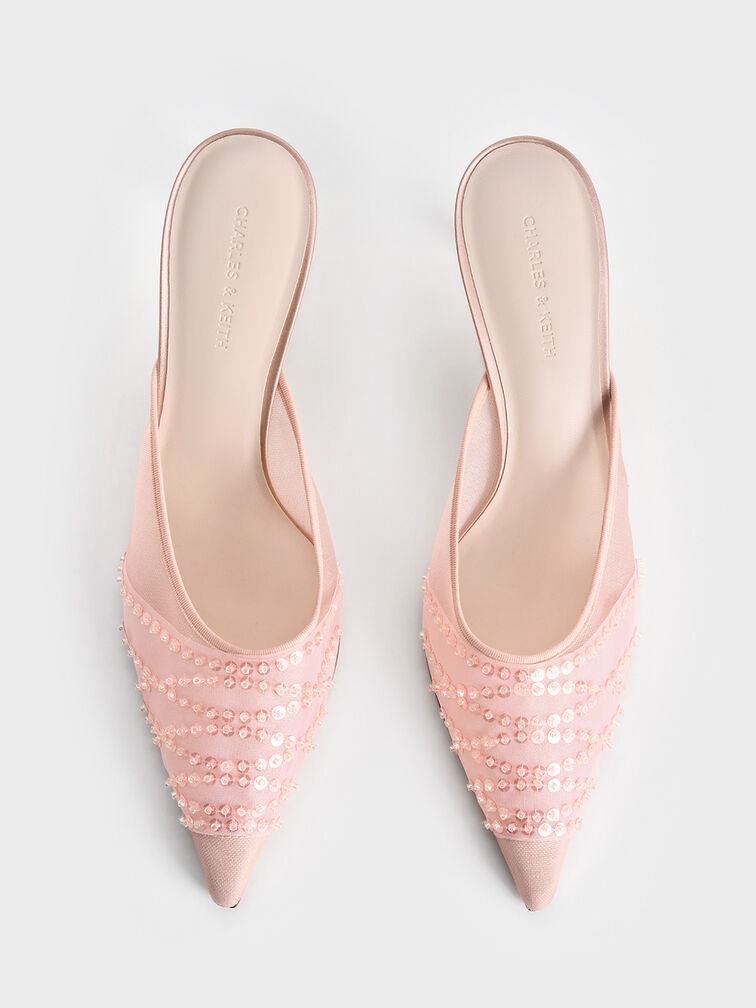 Mesh Sequinned Heeled Mules, Nude, hi-res