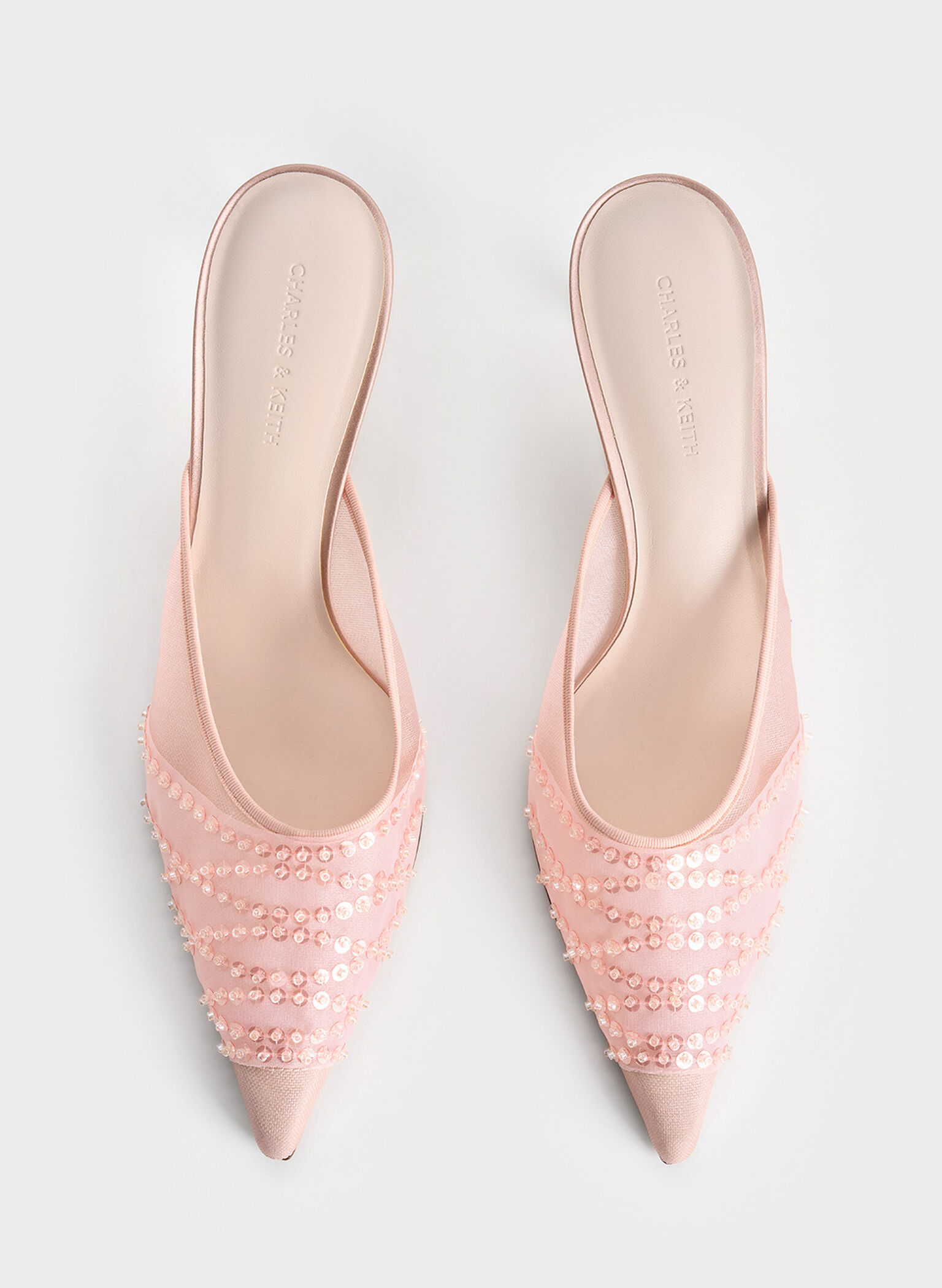 Mesh Sequinned Heeled Mules, Nude, hi-res