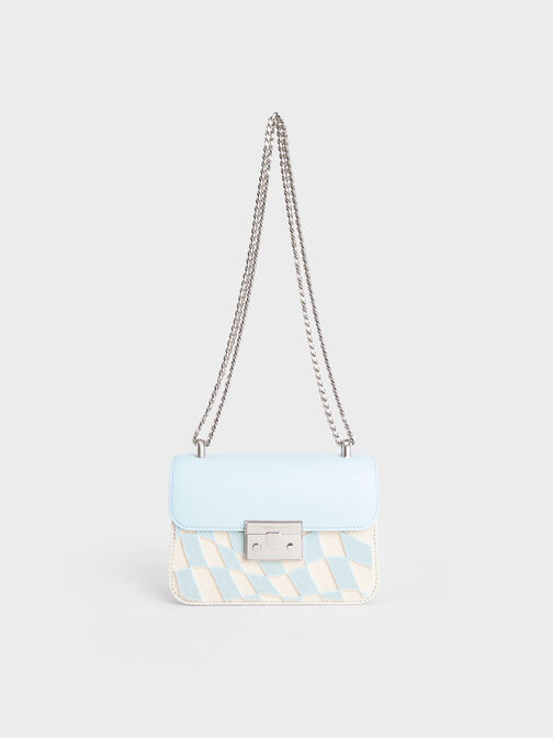 Metallic Push-Lock Checkered Chain Bag, Light Blue, hi-res
